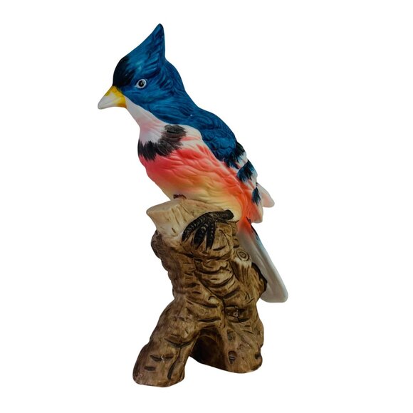 Blue Jay Figurine On Tree Stump VTG Hand Painted Porcelain Decorative Home Decor - Picture 5 of 14